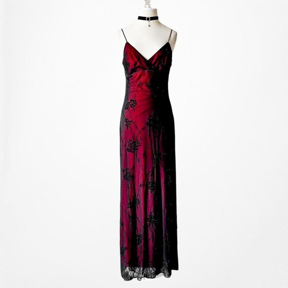 Vintage Burgundy Red Floral Velvet Beaded Mesh Bodycon Maxi Dress Size M/L - Picture 4 of 8